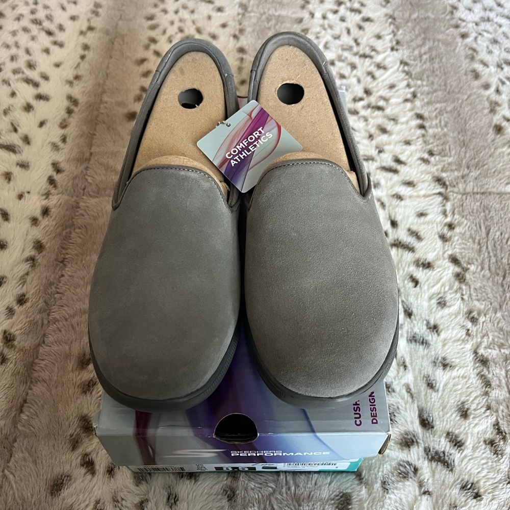 Skechers Go Step Lite Grey Suede Slip On Delight Sneaker Shoes New